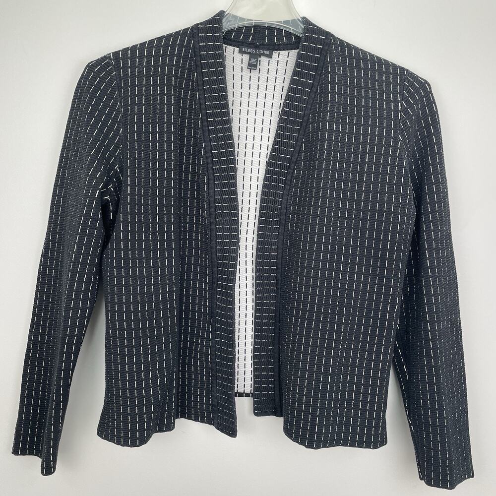 Eileen Fisher Silk Organic Cotton Jacket Size M Petite Black Open Texture Stripe